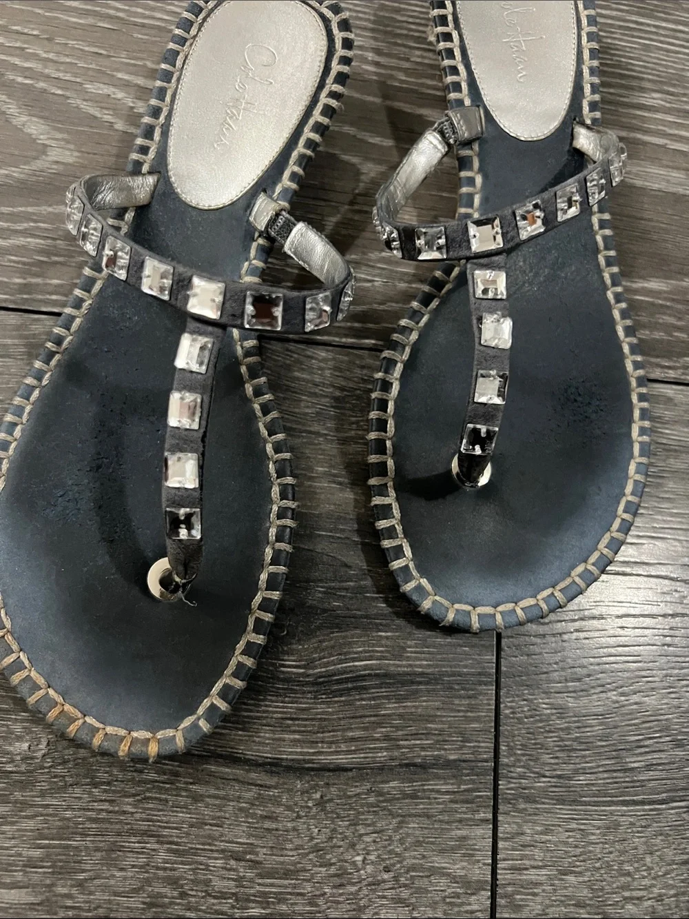 Cole Haan Navy Blue T-Strap Sandals with Square Studs